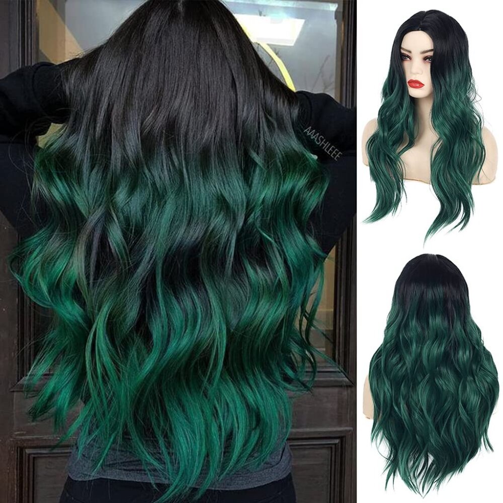 Long Curly Wavy Ombre Black Green Wig Synthetic Natural Middle Part Cosplay Cost